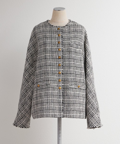 セール】アソート ツイードノーカラージャケット（ノーカラー