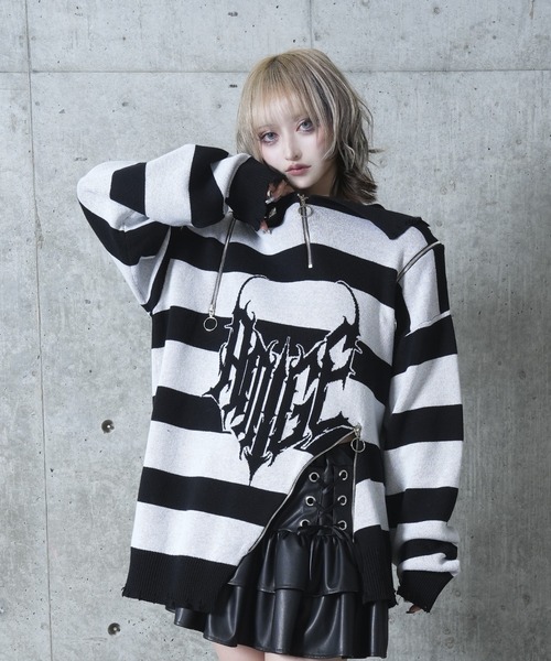 Amilige（アミリージュ）の「Amiligeロゴボーダー変形ZIPニット