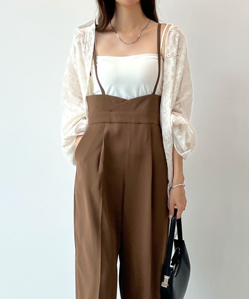 セール】【新色追加】ハイウエストキャミサロペット美脚スラックス