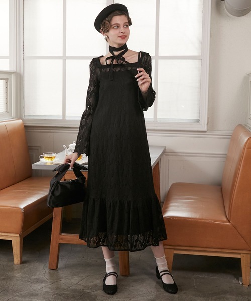 BONLECILL noir】リボン付きマルチウェイレースティアードドレス