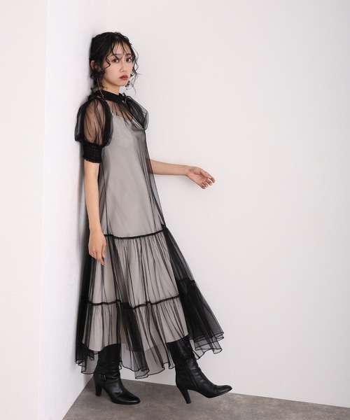 低身長用サイズあり】ミモレ丈&袖ありフォーマルティアードチュール