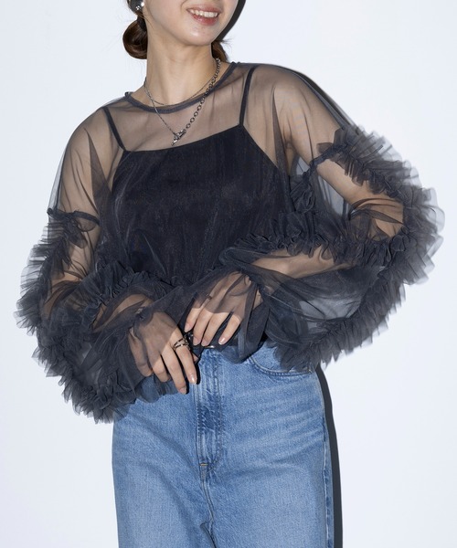 セール】【MAISON BREEZE reveur】frill sheer tulle blouse フリル