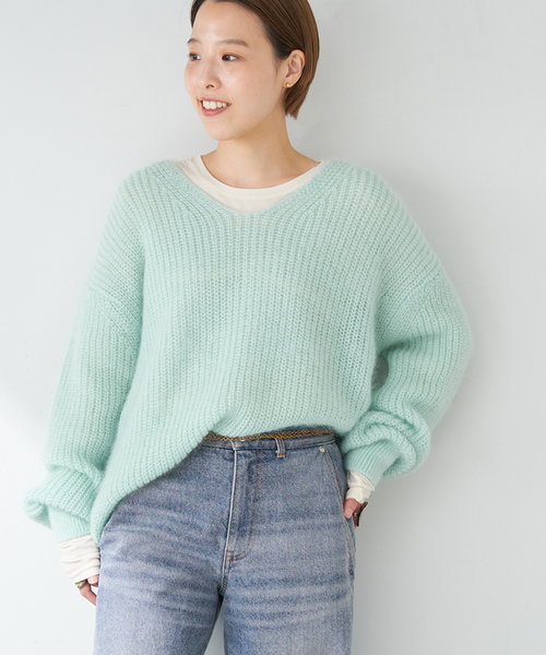 plage（プラージュ）の「キッドモヘヤ カタアゼ Vネックプルオーバー