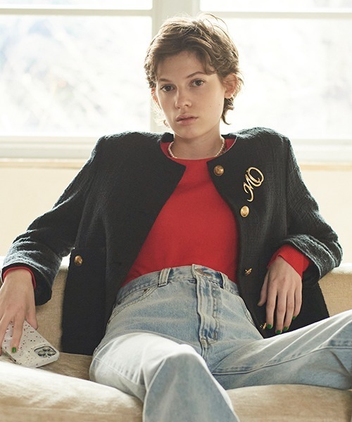 Mila Owen（ミラオーウェン）の「ノーカラーAライン金釦ツイード