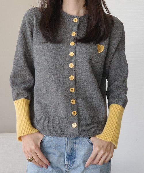 セール】配色ボタン × ハート刺繍ニットカーデ（カーディガン/ボレロ