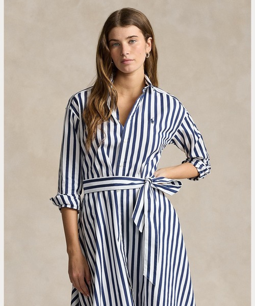 ベルテッド ストライプド コットン シャツドレス（シャツワンピース