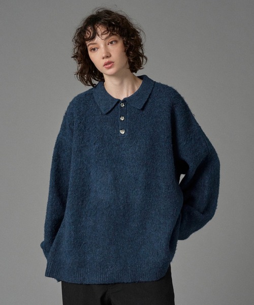 セール】SILVER BUTTON SHAGGY KNIT POLO / シルバーボタンシャギー