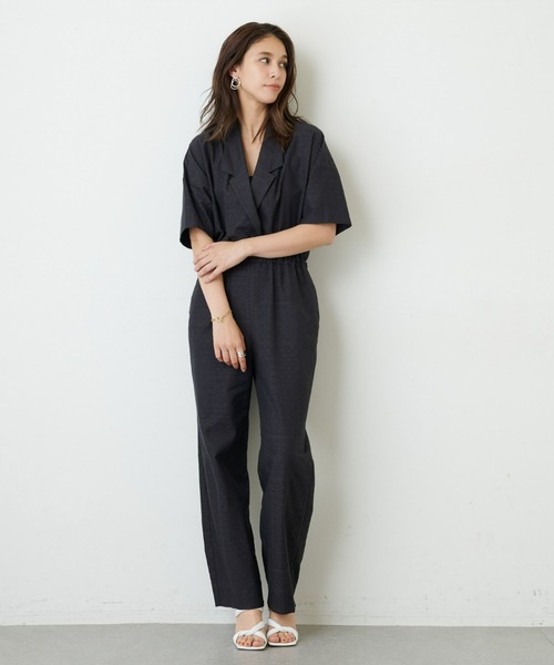 ジャガードオープンカラージャンプスーツ（つなぎ/オールインワン