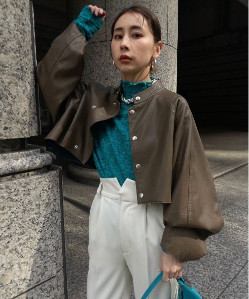 Ameri（アメリ）の「ROUND SHORT SYNTHETIC LEATHER JACKET（その他