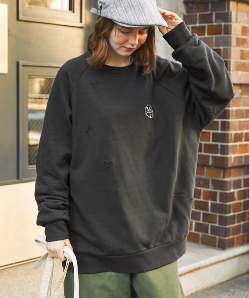 ヴィンテージライクダメージ ワンポイントエンブレム刺繍ラグラン