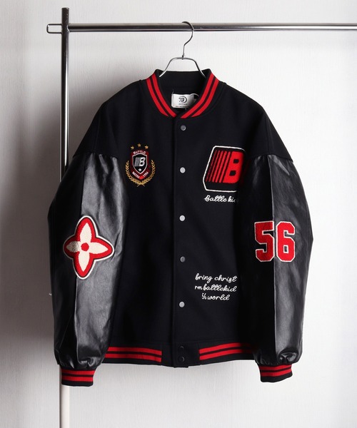 サガラ刺繍フェルト × PU袖 スタジアムジャンパー（スタジャン