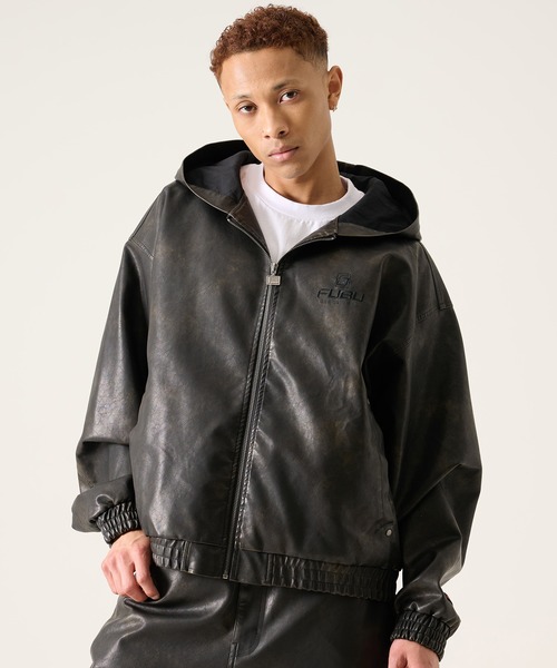 FUBU フブ ブランド Faux Leather Hoodie / フェイクレザーパーカー PU