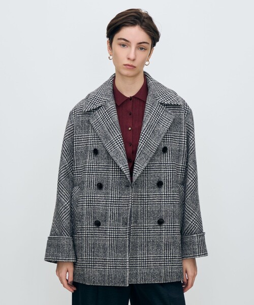 ウールカシミヤグレンチェック ダブルブレストコート（ピーコート