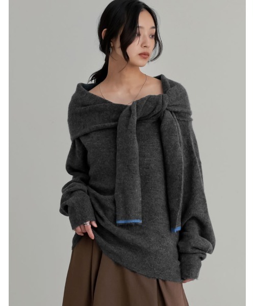 セール】モヘアタッチ肩掛けレイヤード風ワンショルダーニットトップス