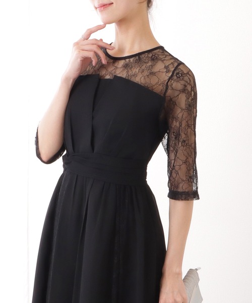 セール】レース レイヤード 5分袖 タック フレア ワンピース（ドレス