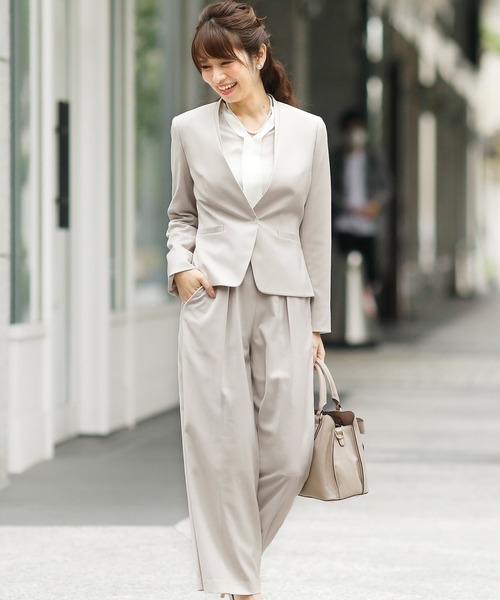 セットアップパンツフォーマルワイド&ノーカラージャケットVネック