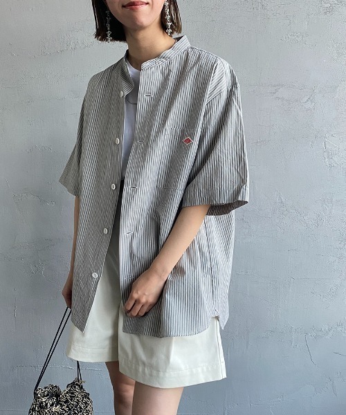 DANTON/ダントン] バンドカラー コットンリネンストライプシャツ