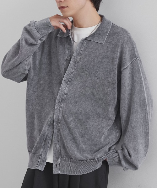 ヴィンテージライク ピグメント加工 オーバーサイズ 長袖ニットシャツ
