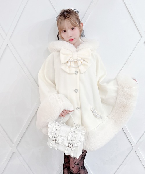 リボン付きボリュームファーフードケープコート（ポンチョ）｜MA*RS