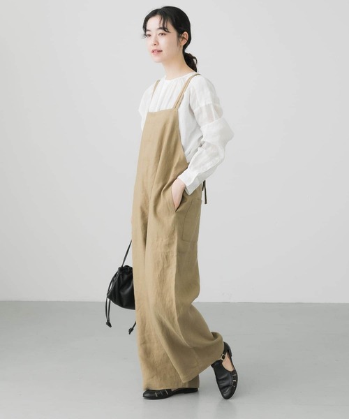 かぐれ リネンハーフスリーブオールインワン オーバーオール ブラック