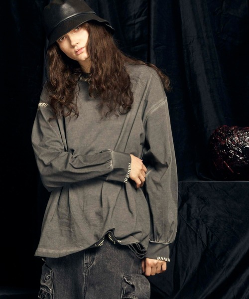 UNISEX》Embroidery Damage Over-Dye Crew Neck Long-Sleeve T-Shirts