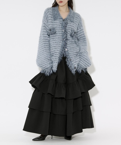 セール】tweed knit fringe cardigan ツイードニット襟付き