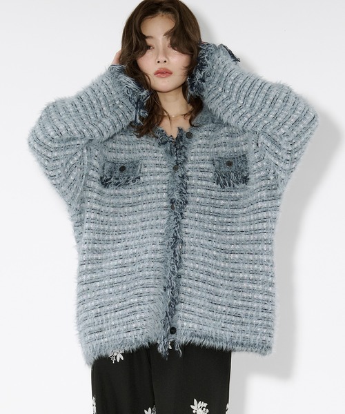 セール】tweed knit fringe cardigan ツイードニット襟付き