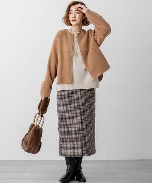 セール】ウールライトリバー ノーカラー ショートコート（ノーカラー