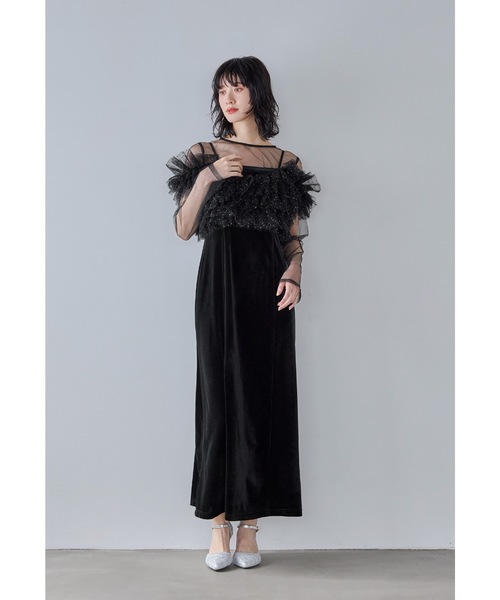 ボリュームフリルレイヤードレス 3点セット チュールベスト シアー