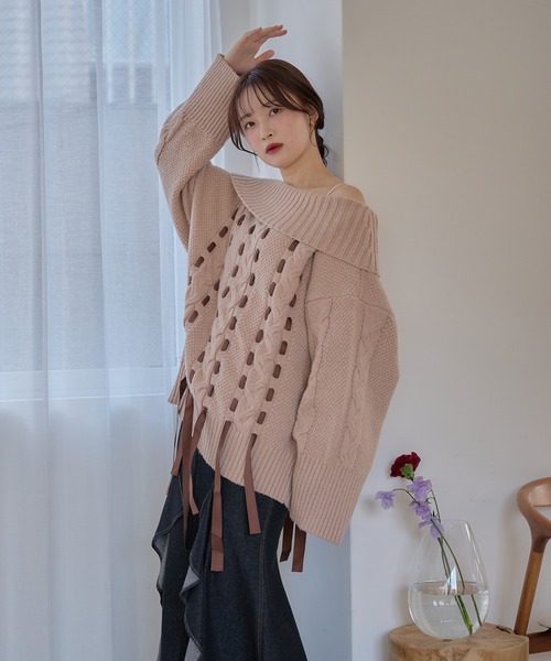 セール】ribbon stitch off shoulder knit / リボンステッチオフ