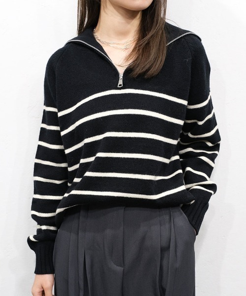セール】ハーフジップボーダーニット／half zip border knit 長袖