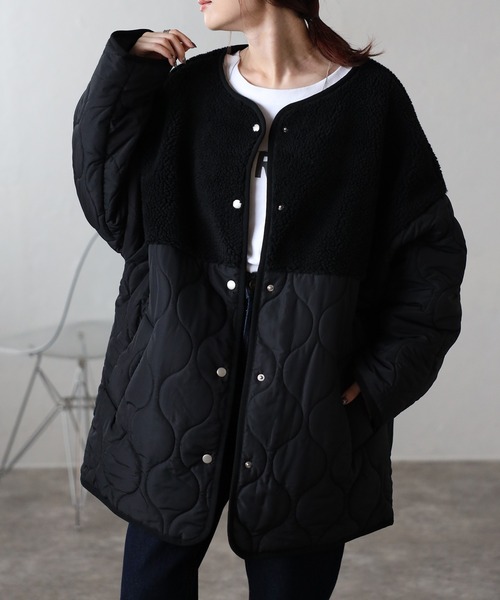 セール】ボア切り替えキルトジャケット / キルティング中綿ブルゾン