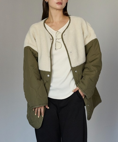 セール】ボア切り替えキルトジャケット / キルティング中綿ブルゾン