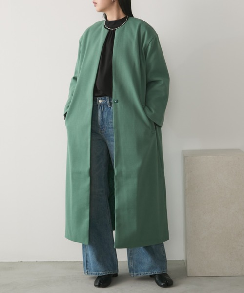 セール】ノーカラーメルトンロングコート（ノーカラーコート）｜Aunt