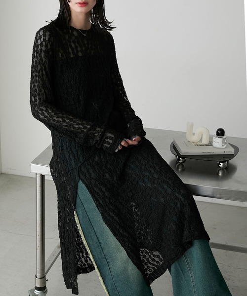 forksy.】フラワーレースメロー切り替えシアースリットワンピース