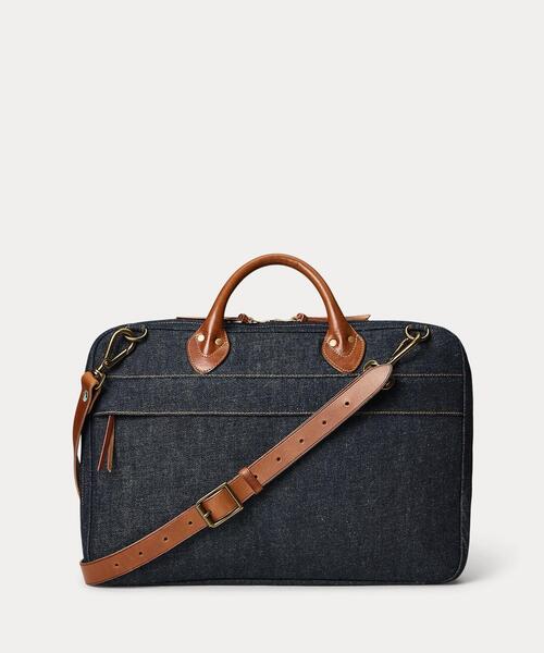 レザートリム インディゴ デニム ブリーフケース（ショルダーバッグ