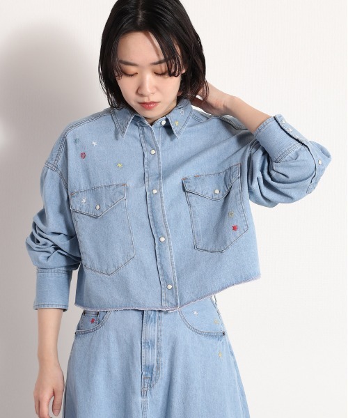 フラワー刺繍デニムショートシャツ ※セットアップ可能（シャツ
