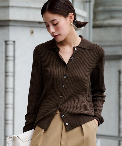 ウールブレンド襟付きフィットニットカーディガン（カーディガン