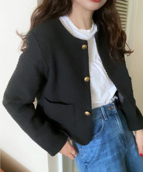セール】金ボタンツイードジャケット（ノーカラージャケット）｜LAUIR