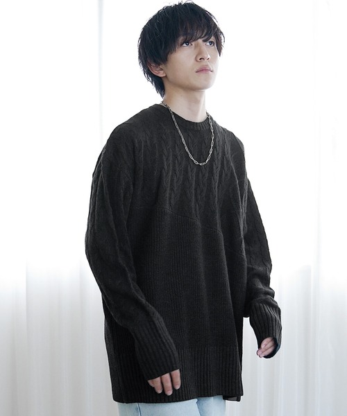 MinoriTY】アシンメトリー7G斜め編みロング丈ニットセーター メンズ 袖