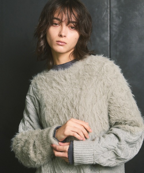 UNISEX》Cable Shaggy Mix Prime-Over Crew Neck Knit Pullover