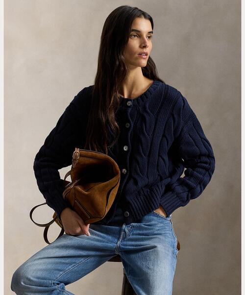 ケーブルニット コットン クルーネック カーディガン（カーディガン