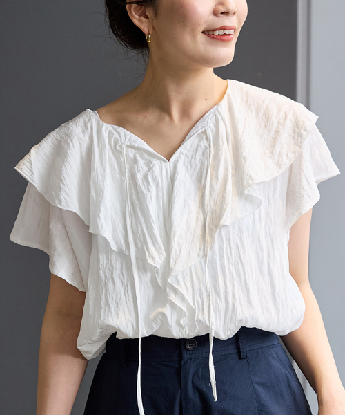 ラッフルカラー半袖ブラウス（シャツ/ブラウス）｜B.C STOCK（ベーセー