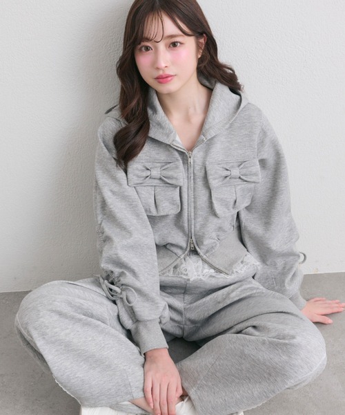 セール】【セットアップ対応】袖ドロストリボンコンパクトパーカー