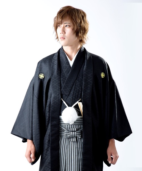 メンズ 羽織袴3点セット 金刺繍紋入り 紋付き袴 紋付袴 黒紋付 白紋付