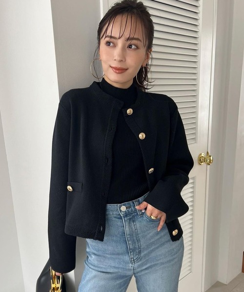 ZOZO限定】オリジナルボタンノーカラーニットジャケット（ノーカラー