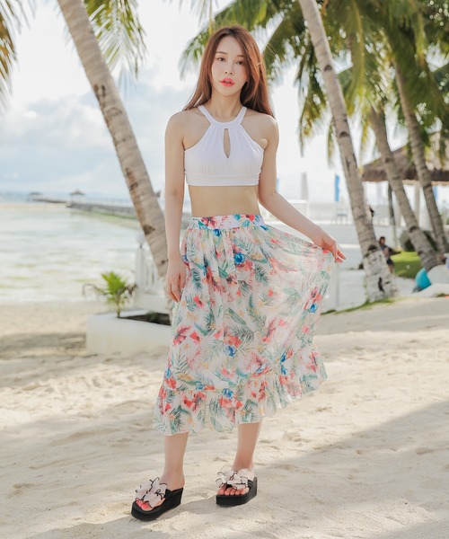 花柄スカート付きハイウエストビキニ水着3点セット（水着）｜Lace