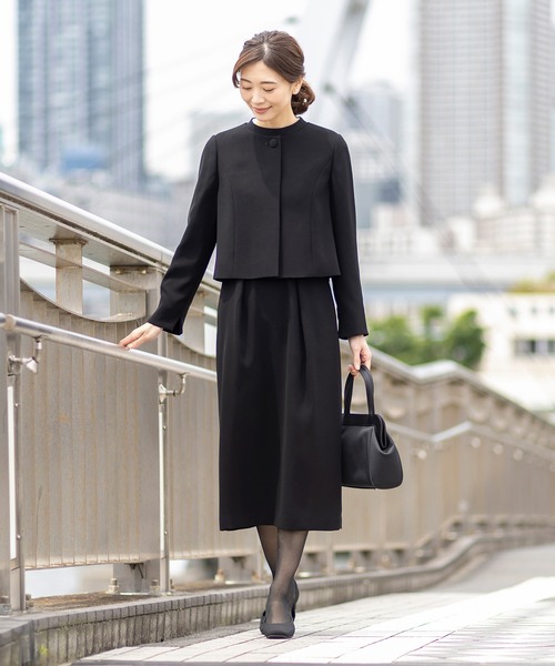 セール】洗えるノーカラージャケット×ロング丈ワンピースセットアップ