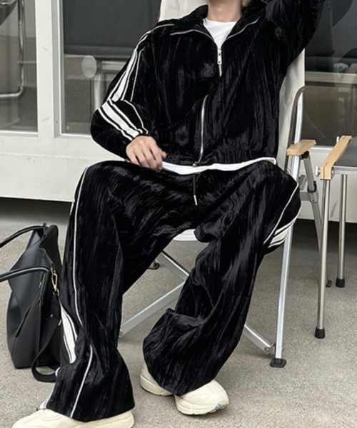 セール】【NOWLE】ライン柄 ベロア トラックジャケット ジャージ