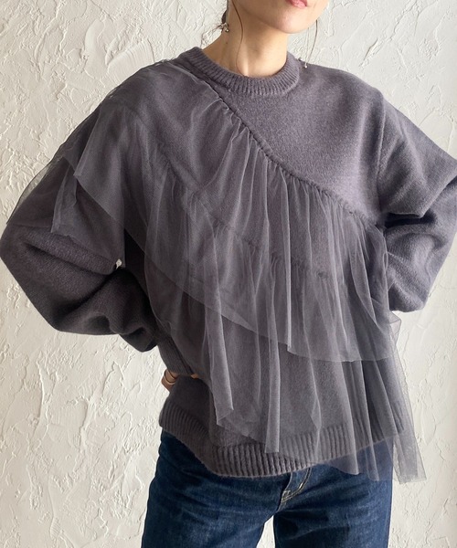 セール】レイヤードフリルビスチェ風チュールドッキングニットトップス